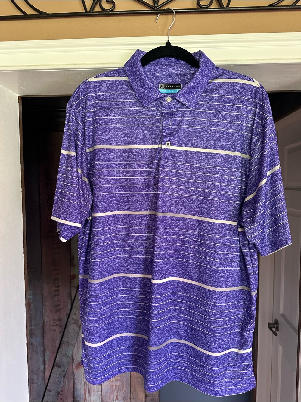 PGA Tour Purple Heathered Stripe Polo with White Accents